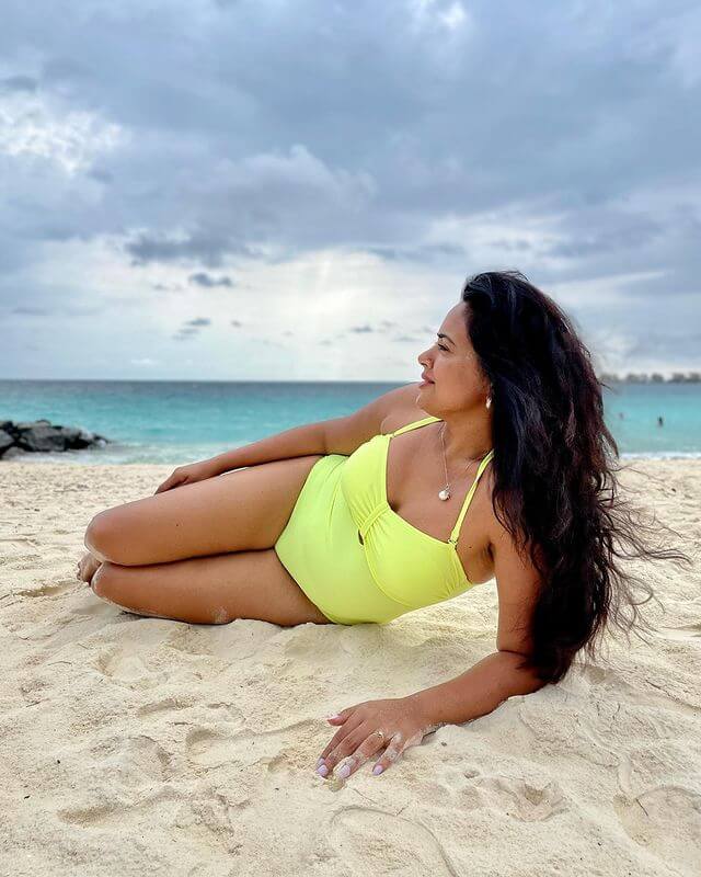 Sameera Reddy Fashion Clothing Style In Indian Actor Maldives In Neon Swimming Costume