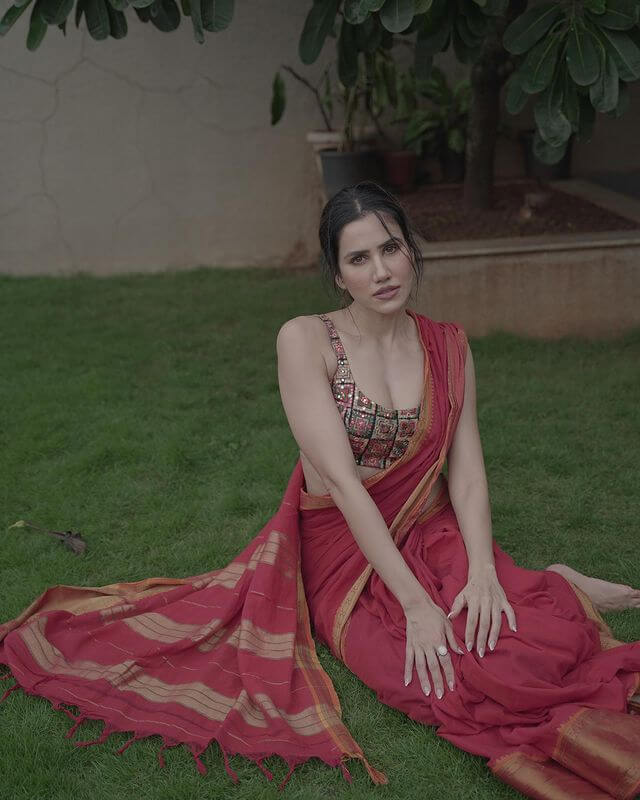 Indian Actress Sonnalli Seygall Dresses, Indian Style, outfits In Red Traditional Wear, Saree