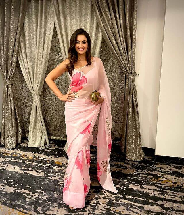 Indian Model, Glam Look In Pink Floral Organza Saree