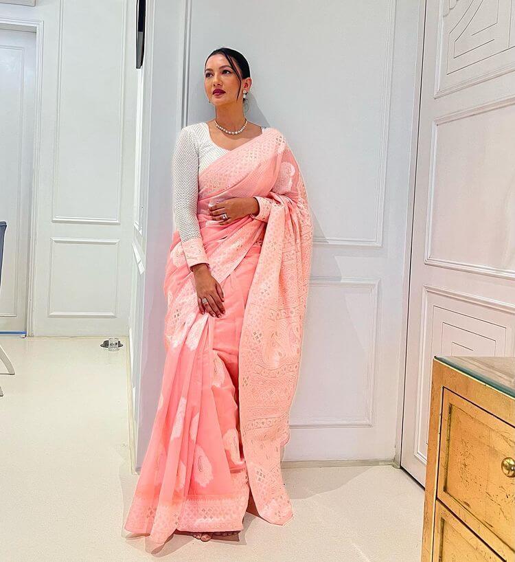 Ishaqzaade Fame Gauahar Khan in peach embroidery saree