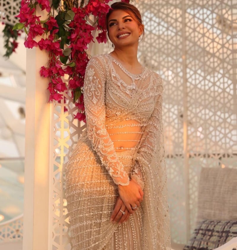 Jacqueline Fernandez Looks Chic In A Sheer Embellished Saree By Falguni Shane Peacock Label