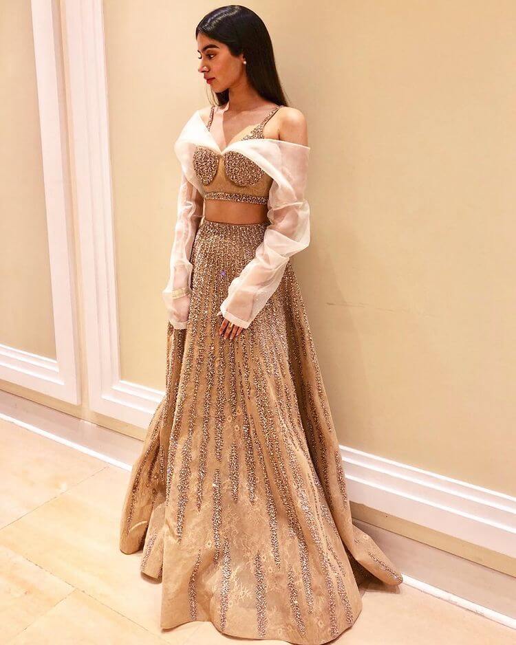 Late Sridevi's Daughter Khushi Kapoor in  brown lehenga with sequin work