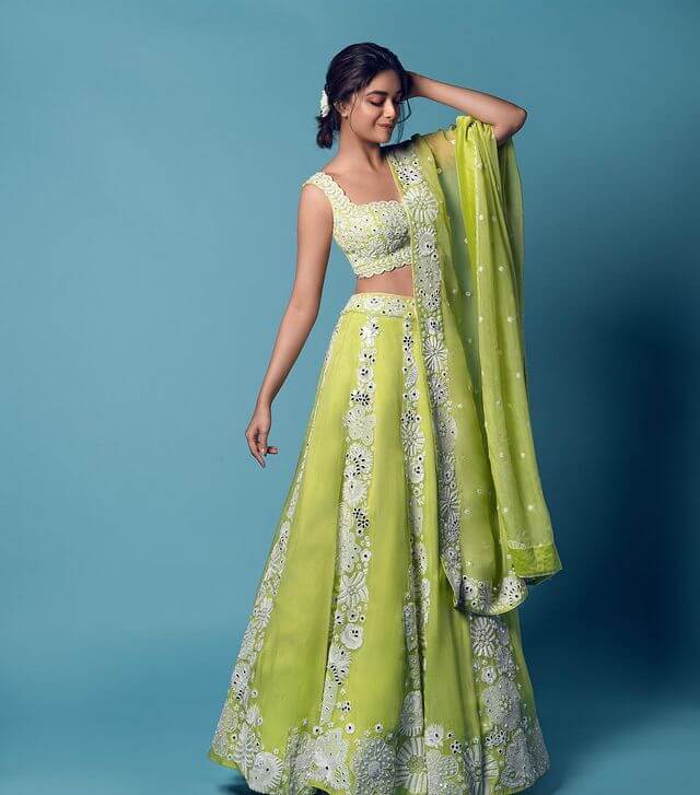 Keerthy Suresh Inspired Fashion and Style Trends Lovely Look In Green Lehenga With Heavy Blouse