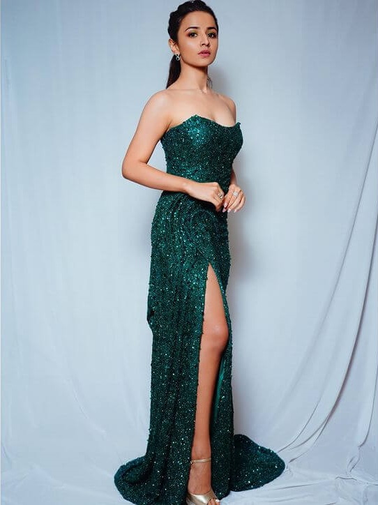 Mahima Makwana's Indian Fashion style Bedazzling Green Sequin-embellished Crystal Gown