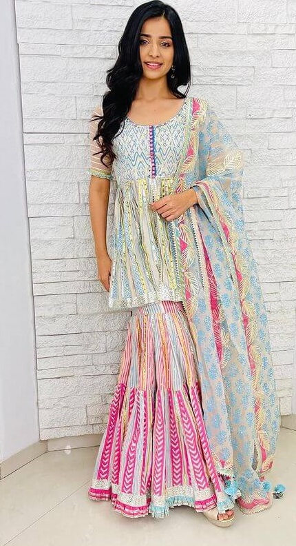 Mahima Makwana's Indian Fashion style Sparkling Blue-pink-golden Sharara Suit Set