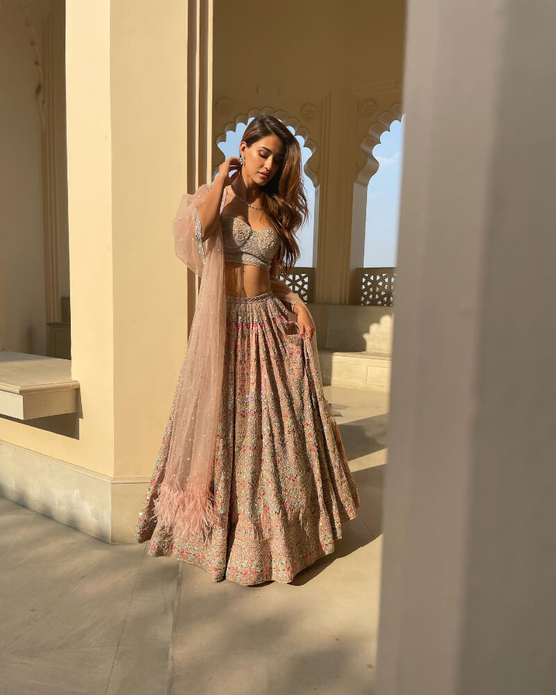 Miss Disha Patani Sexy Bold Designer Dresses, Saree & Outfits In Beautiful Mirror Work Pink Lehenga
