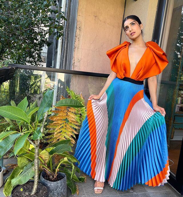 Pallavi Sharda's Greatest Fashion Moments Of All Time Orange Top With Blue Crepe Multi-Color Skirt