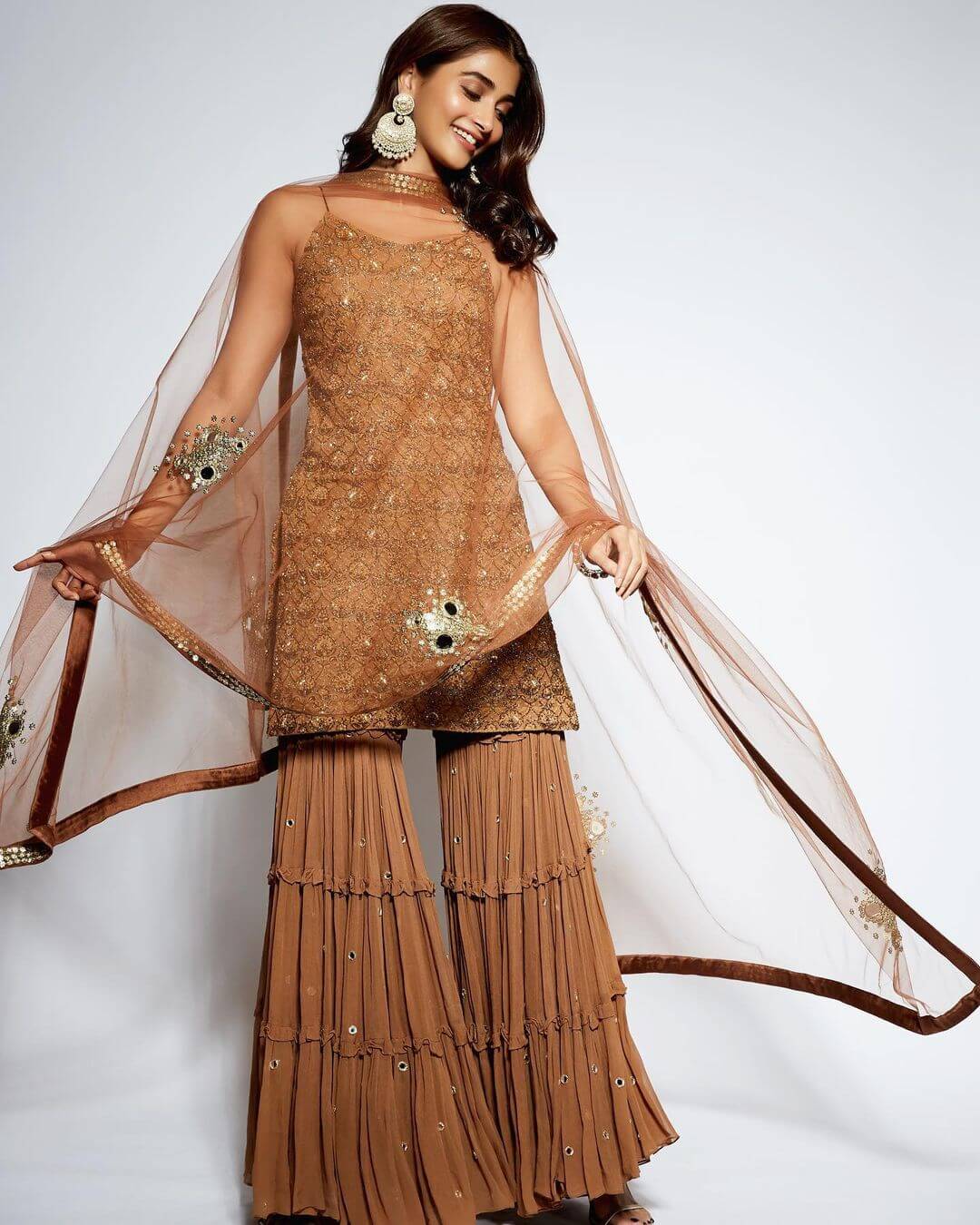 Pooja Hegde- Bollywood Dresses, Sarees &amp; Outfits In Brown Ethnic Sharara Set 