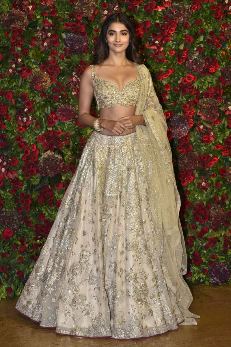 Pooja Hegde- Bollywood Dresses, Sarees &amp; Outfits Is Dazzling In Gold Hue Lehenga  