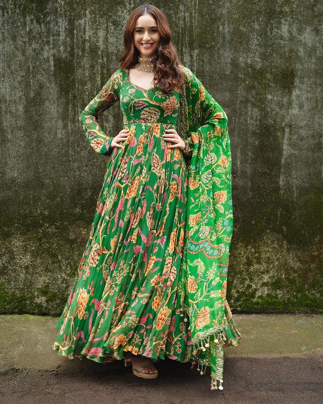 Printed Green Anarkali With Matching Dupatta