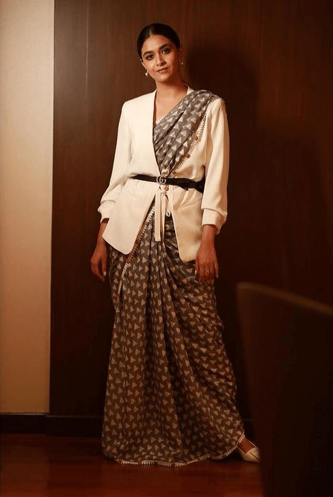 Keerthy Suresh Inspired Fashion and Style Trends Printed Saree With A White Blazer And Black Waist Belt