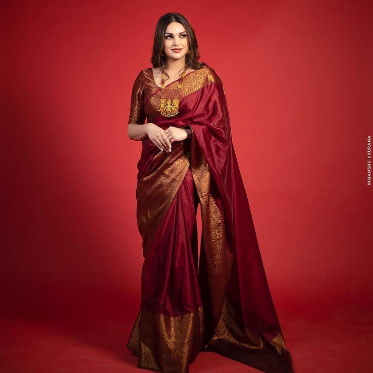 Punjabi Actor Himanshi Khurana's Latest Dresses, Saree looks, And Outfits In Traditional Red Saree With Jewelry