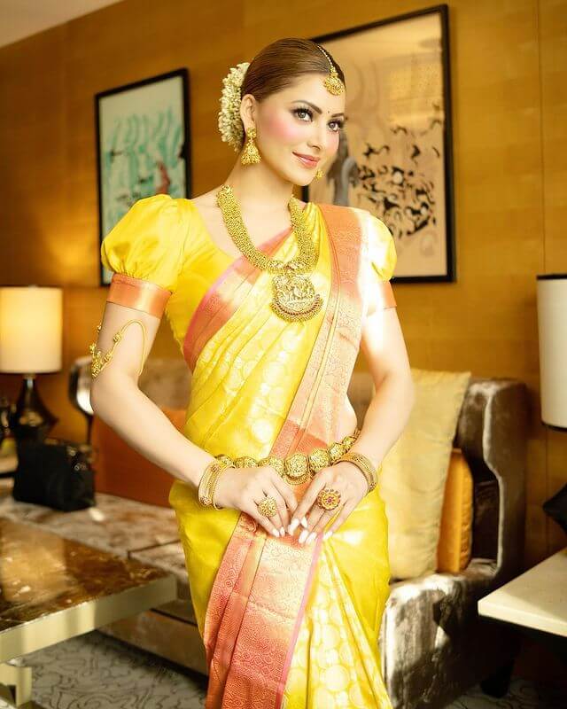 Urvashi Rautela Approved Ethnic Looks Yellow Printed Banarasi Silk Saree