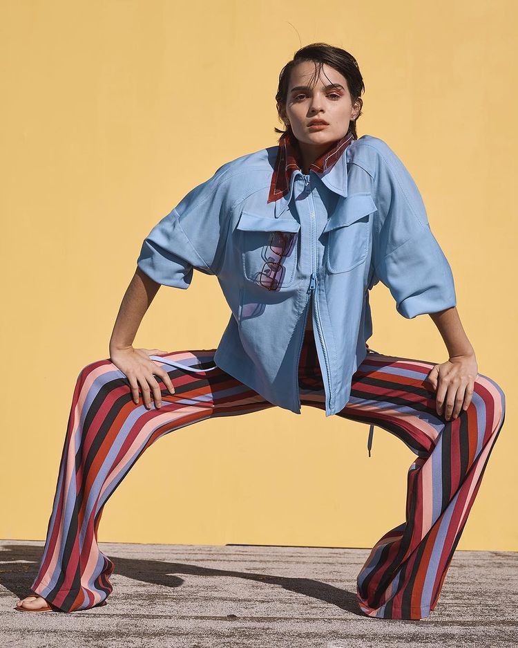 Casual But Cool Look In Multi-Color Stripped Straight Pant And Zipper Denim Shirt