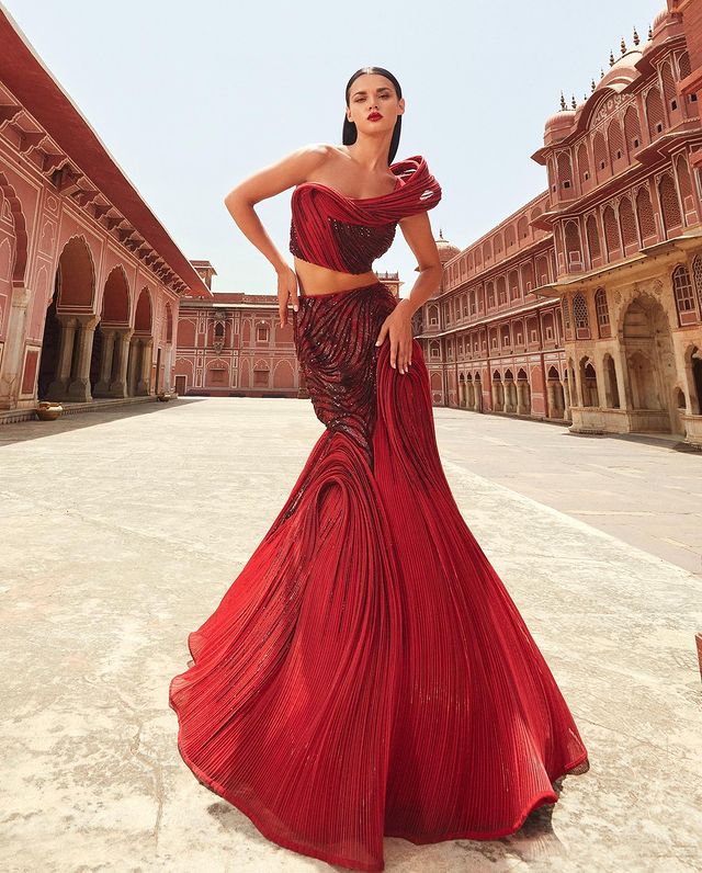 Crimson Red Sculpture Gown By Gaurav Gupta