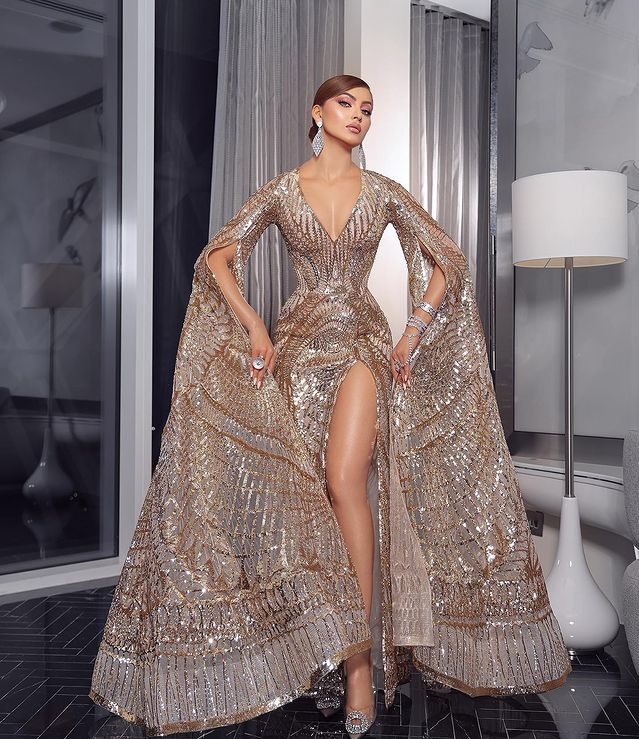 Deep Neck Slit Dress With Wing-like Sleeves