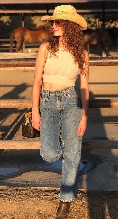 Embellishing With Sunlight, Ellie In Cream Tank Top And Blue Straight Leg Jeans