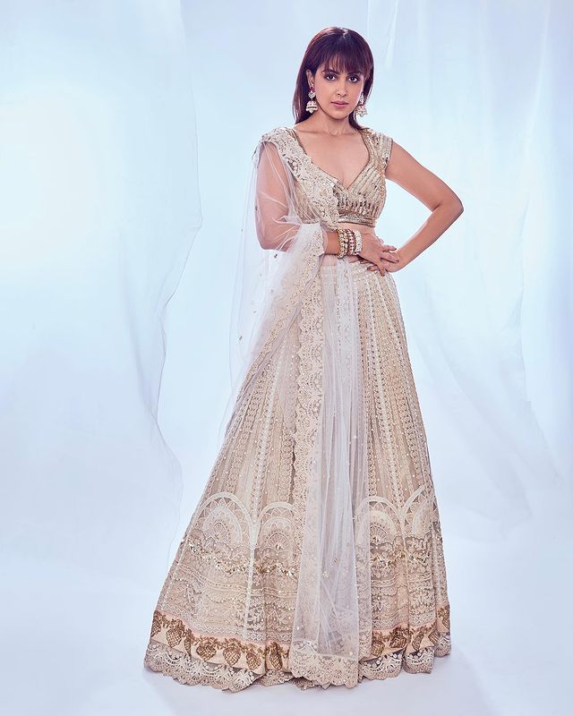 Genelia D'Souza In Gold And Ivory Lehenga With Lacework