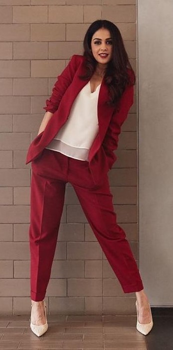 Genelia D'Souza Looks Stylish In Her Red Pantsuit