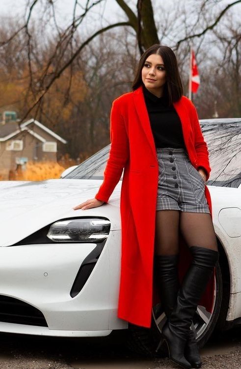 Ready For Drive, Ana In Red Trench Coat And Checkered Shorts