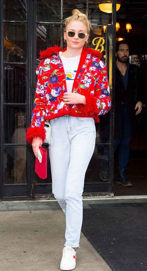 Sophie Looks Fabulous In Denim Jeans And A Red Floral Jacket