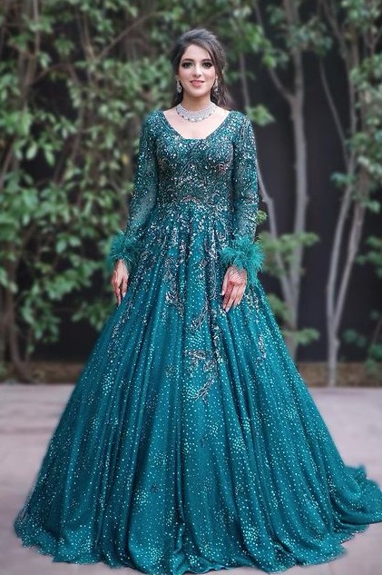 Stunning Embellished Teal Gown With Full Sleeves