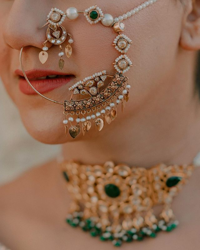 Stunning Stone Golden Big Nath Jewelry For A Wedding