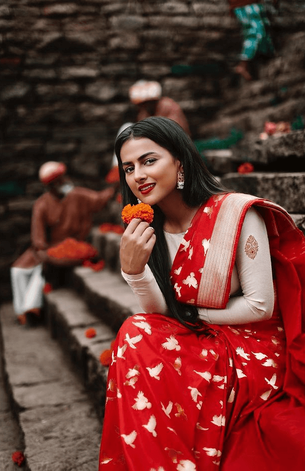 Lovely Look In Red Saree With A White Blouse