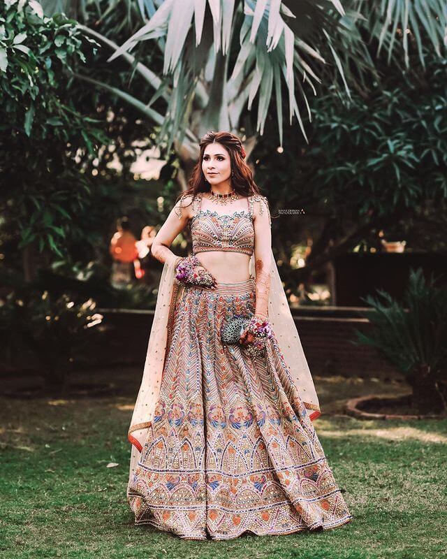 Engagement, Sangeet Lehenga For Brides And Bridesmaid Multi-Colored Brown Lehenga With A Strappy Blouse For Weddings Function