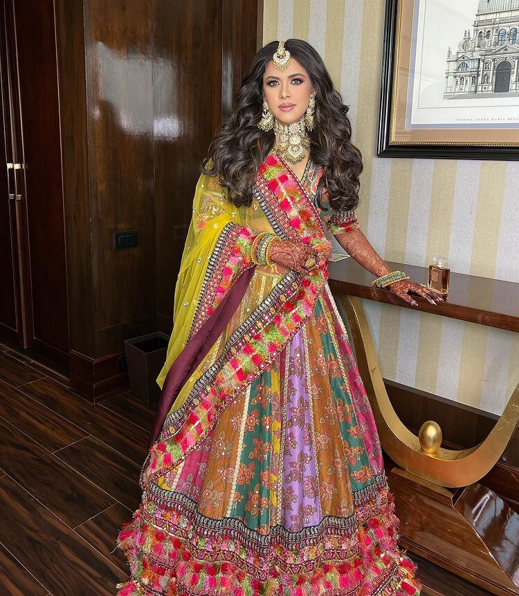 Engagement, Sangeet Lehenga For Brides And Bridesmaid Multi-Colored Designer Lehenga With Yellow Contrast Dupatta