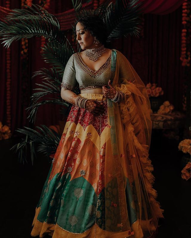 Engagement, Sangeet Lehenga For Brides And Bridesmaid Multi-Colored Lehenga With Plain Blouse Or Matching Dupatta
