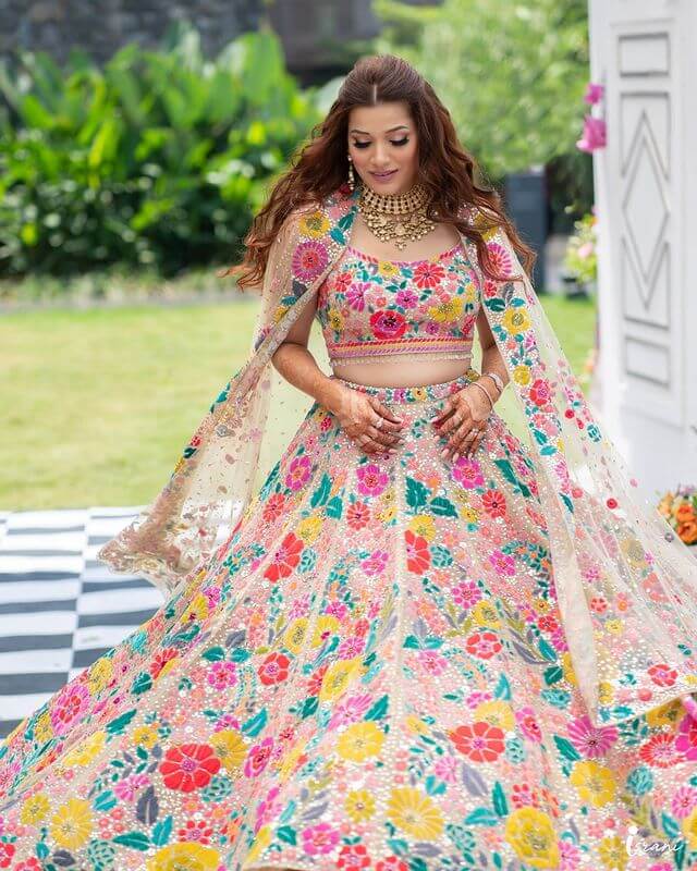 Engagement, Sangeet Lehenga For Brides And Bridesmaid Multi Floral Colored, Shiny Lehenga For Bride On Her Wedding Functions