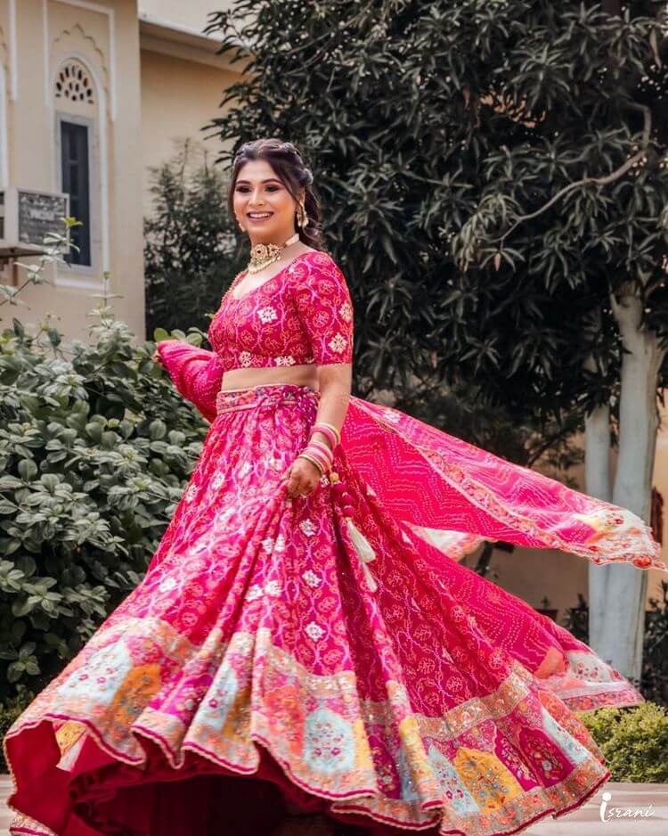 Pink Embroidery And Printed Jaipuri Lehenga For Brides And Bridesmaids