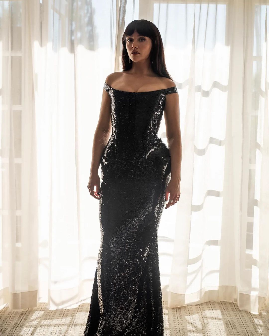 Bossy Babe Olivia In Sparkling Black Off-Shoulder Sequin Gown