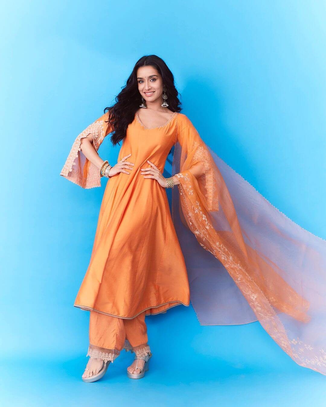 Bollywood Beauty Shraddha Kapoor In Fabolous Orange Kurta Set