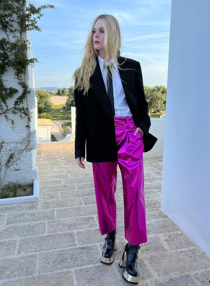 Formal But Not Formal, Elle Fanning in Cool White Shirt And Hot Pink Shiny Pants Topped With Black Blazer
