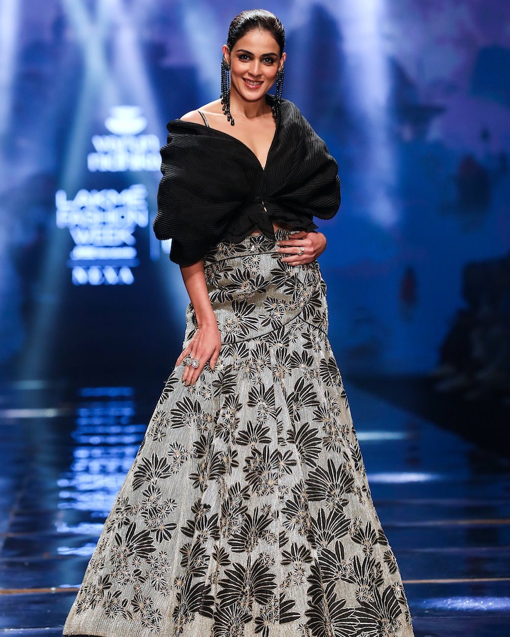 Genelia D'souza In A Sequinned Embroidered Grey Skirt And A Voluminous Black Quirky Blouse At Lakme Fashion Week