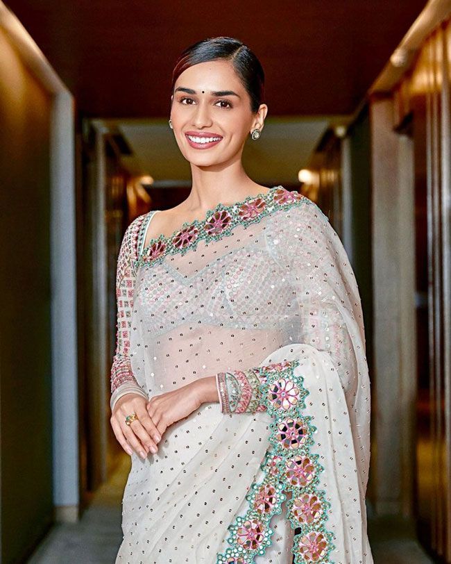 Get Your Glam Look With A White Mirror Work Saree Like Manushi Chhillar