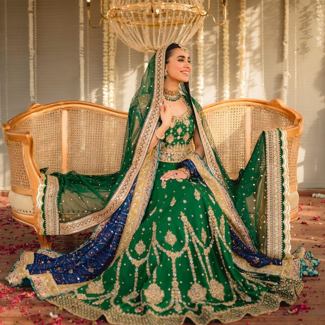 ◐☆Parrot Green♥ Dark Blue♥and Pink Lehenga Choli !!♥☆◐ | Half saree, Indian  fashion, Indian bridal wear