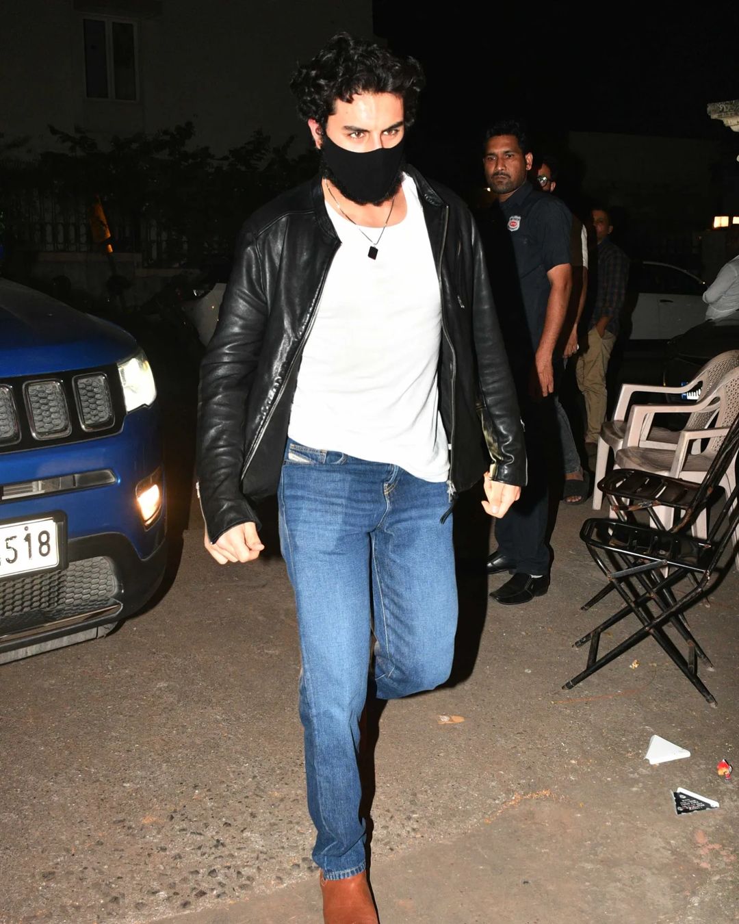 Ibraham Ali Khan Was Seen In A White Tee Blue Denim Jeans And A Black Jacket With Messy Hair