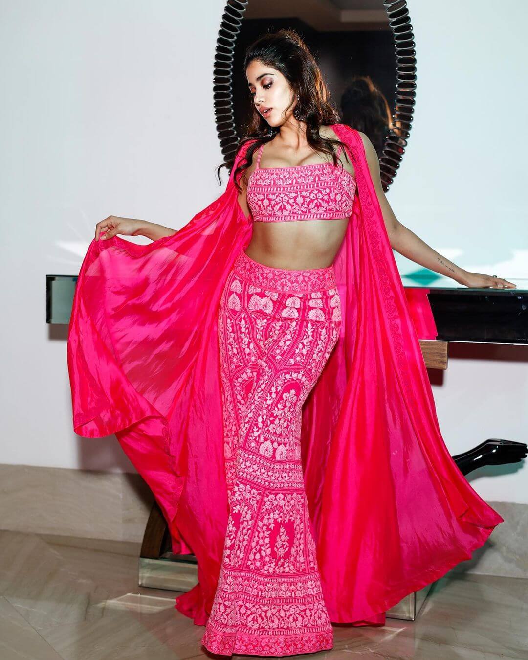 Janhvi Kapoor's Breathtaking Look In Pink Colored Two-Piece Set