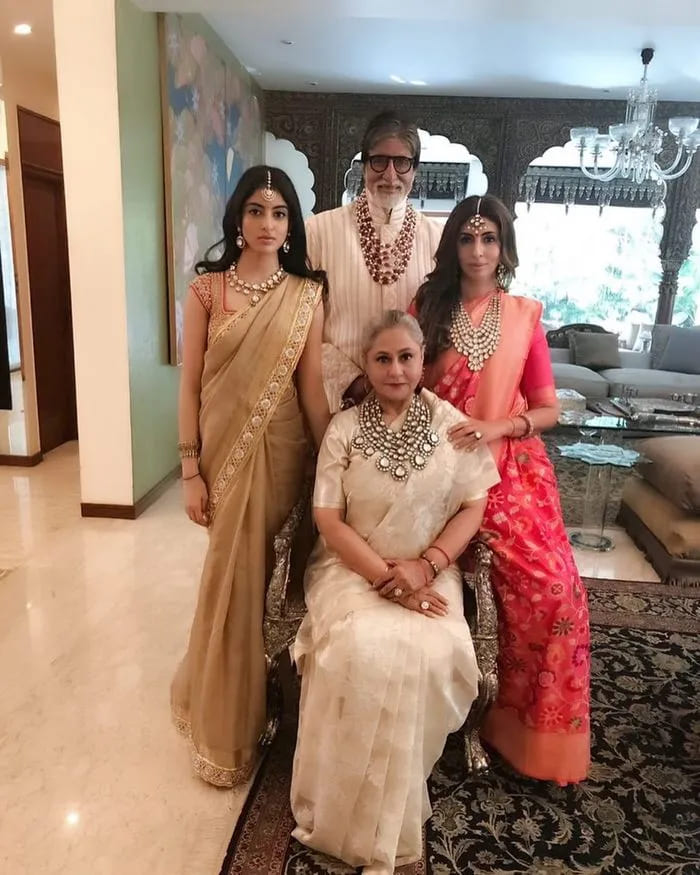 Navya Naveli Nanda In Beige Hue Saree With Amitabh Bachchan, Shweta Bachchan, And Jaya Bachchan