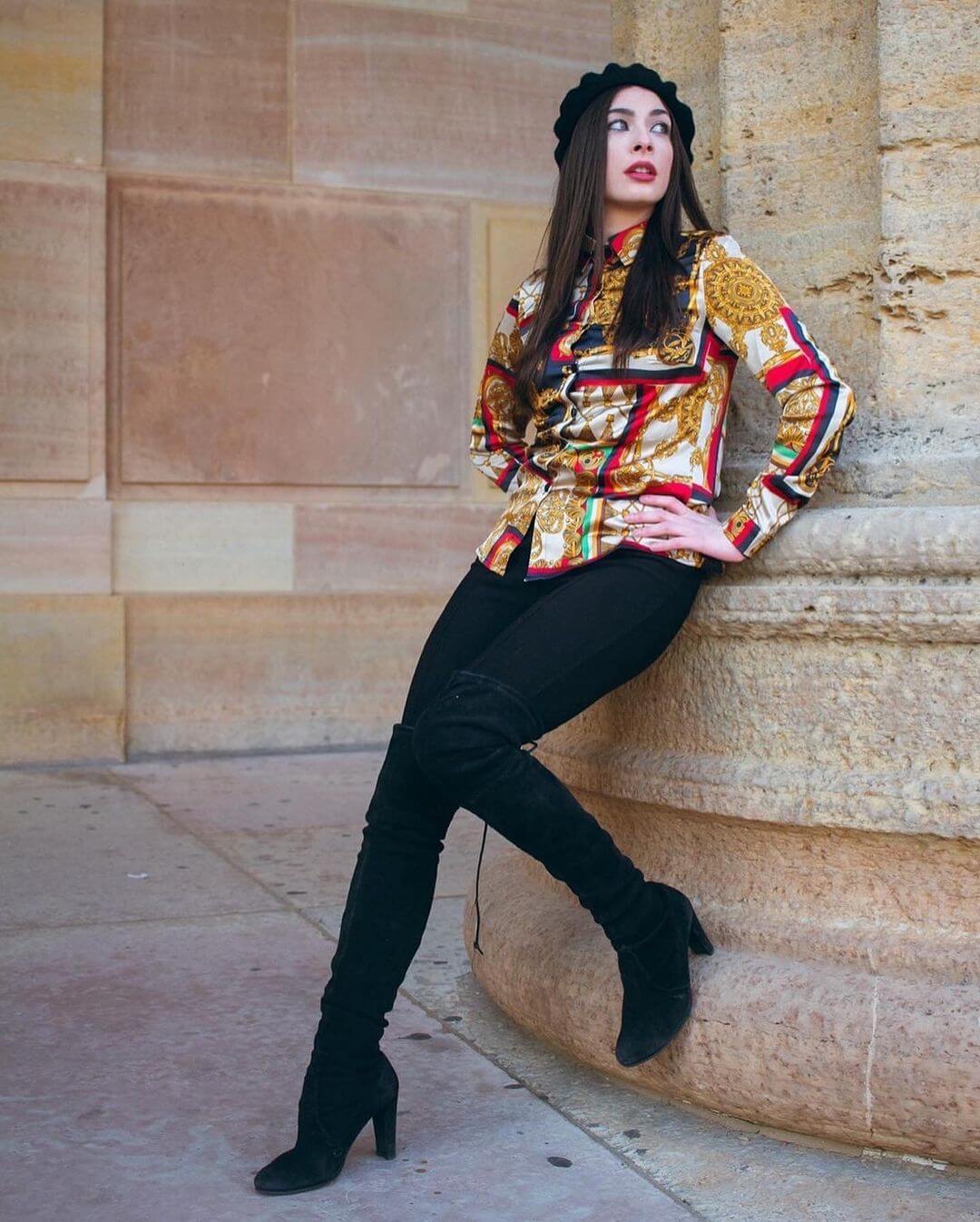 Niki Koss's Stunning Winter Look In Multi-Colored Shirt Paired With Black Jeans