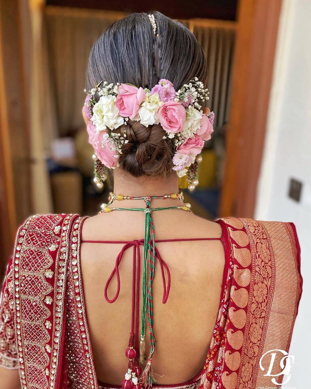 Pink And White, Rose Floral Bun Hairstyle For Bridal