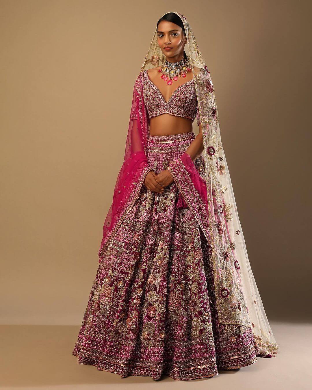 Pink Crochet Work Lehenga With A Backless Blouse