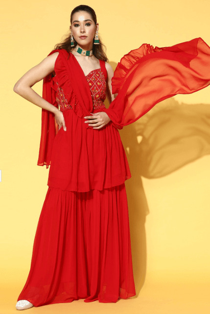 Red Sharara With Beautiful Embroidery Pattern