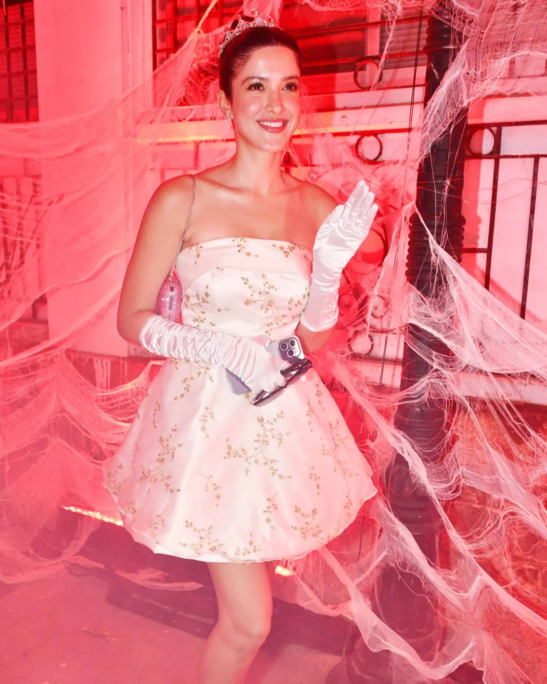 Shanaya Kapoor  In Princess Look.  She is dressed up as Anne Hathaway, with a mini floral print flared skirt