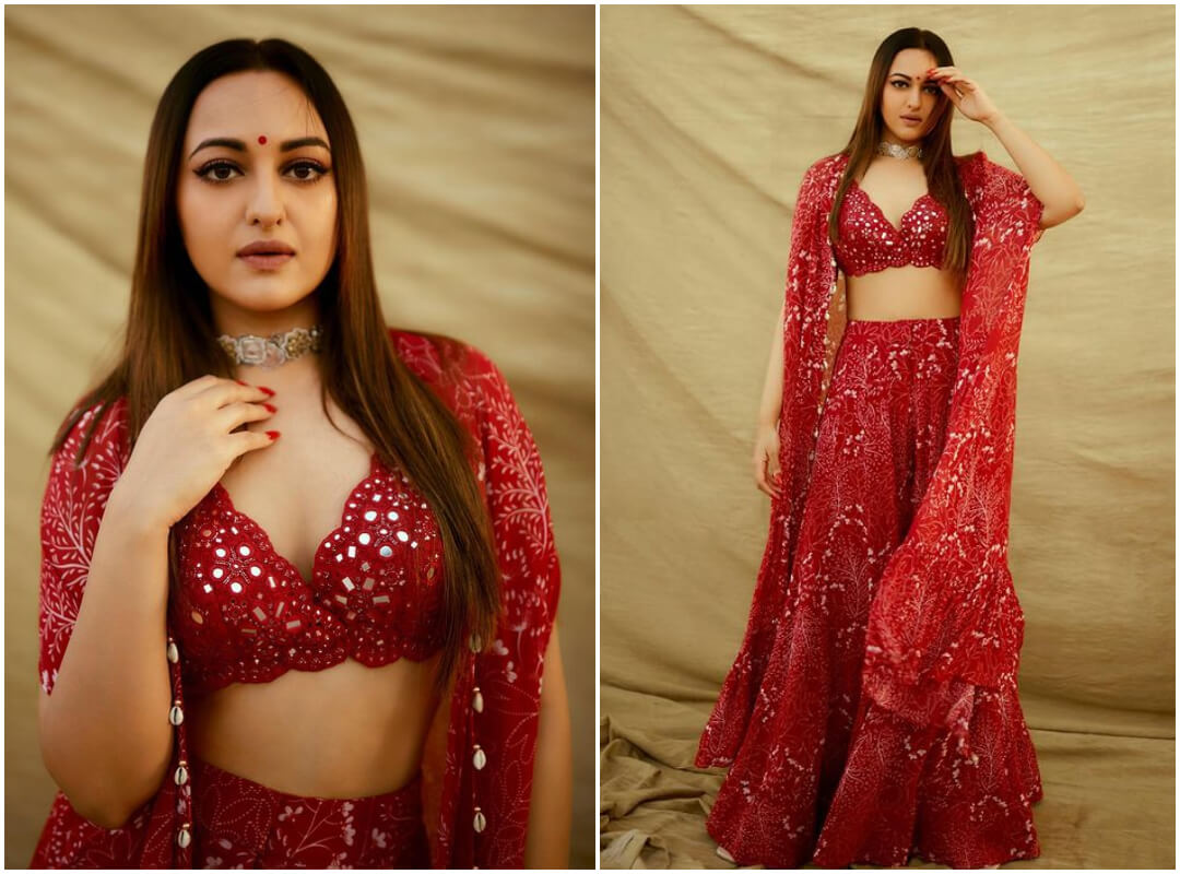 Sonakshi In Hot Red Mirror Work Outfit