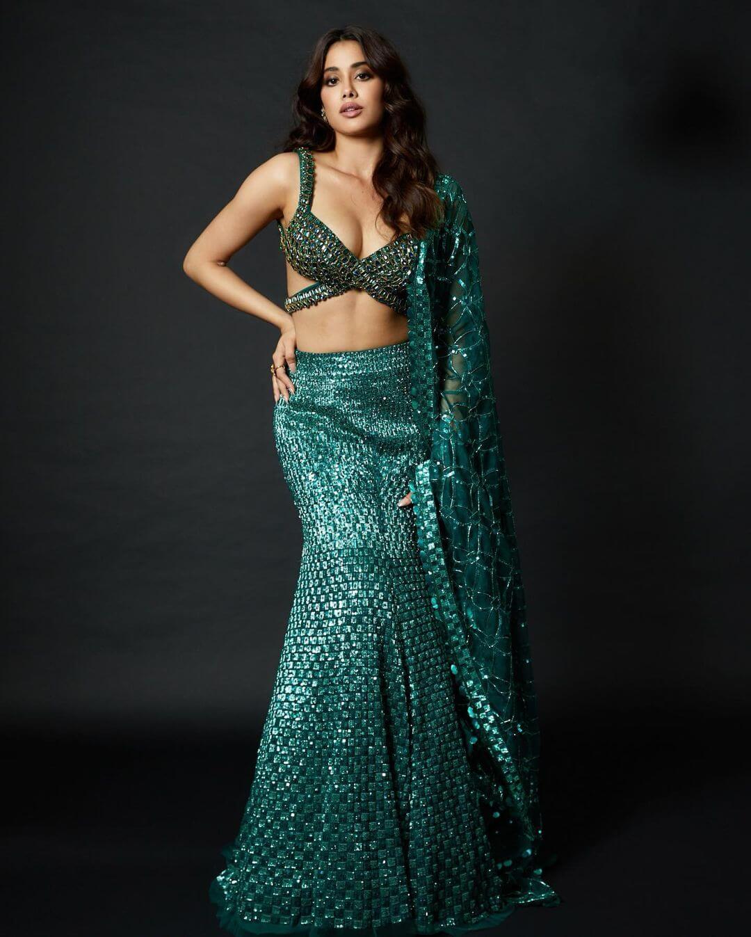 Janhvi Kapoor  Is Looking Beautiful In green Shimmery Lehenga Set 