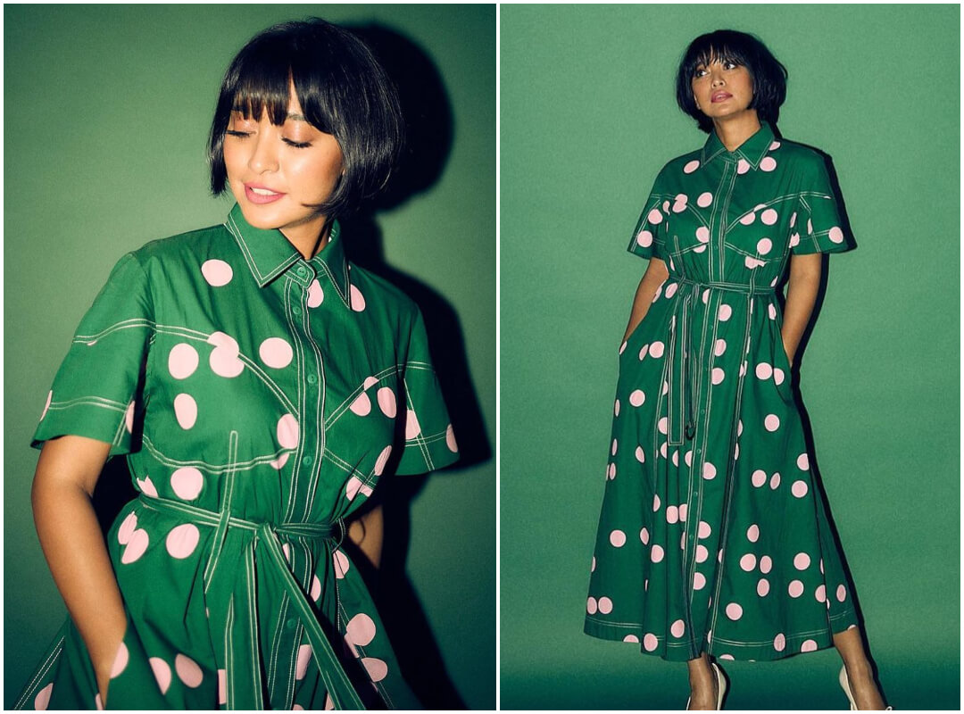 Classy And Glossy Outfits Designed By Bollywood Actresses - Sayani Gupta Is Looking Stunning In This White Polka Dot Green Dress
